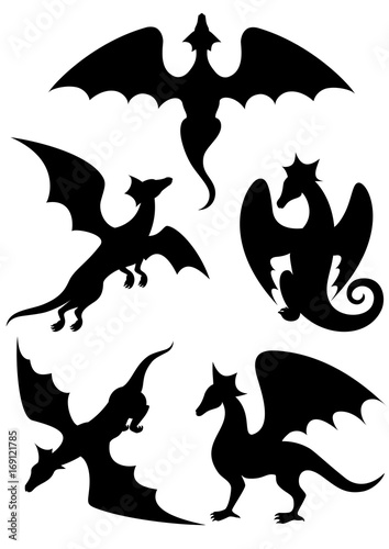 Vector set of silhouettes of dragons stencil