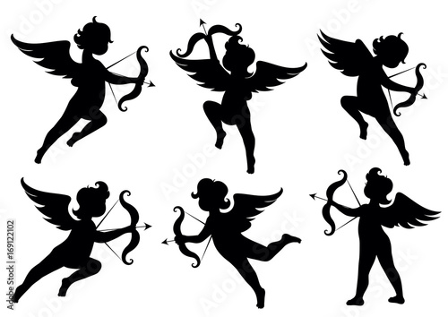 Vector set of silhouettes of angels.