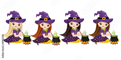 Vector Cute Little Witches Cooking Magic Potion in Cauldrons