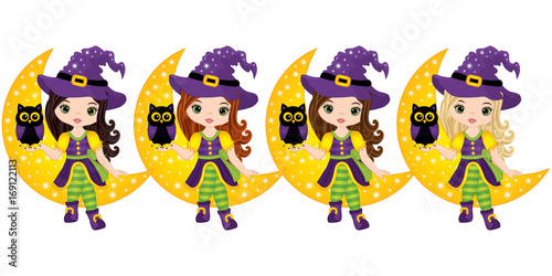 Vector Cute Little Witches with Owls Sitting on the Crescent