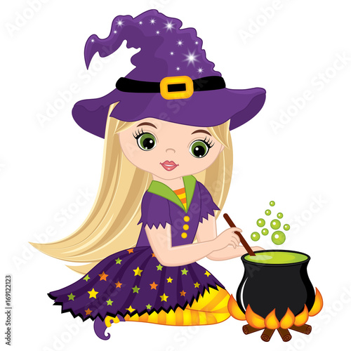 Fototapet Vector Cute Little Witch Cooking Magic Potion in Cauldron
