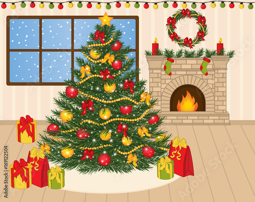 Vector Decorated Christmas Tree, Xmas Gifts and Fireplace