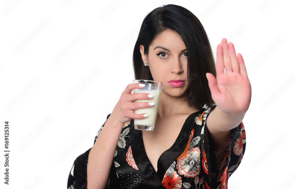 Happy young woman holding glass of milk. isolated Happy young woman holding glass of milk. isolated