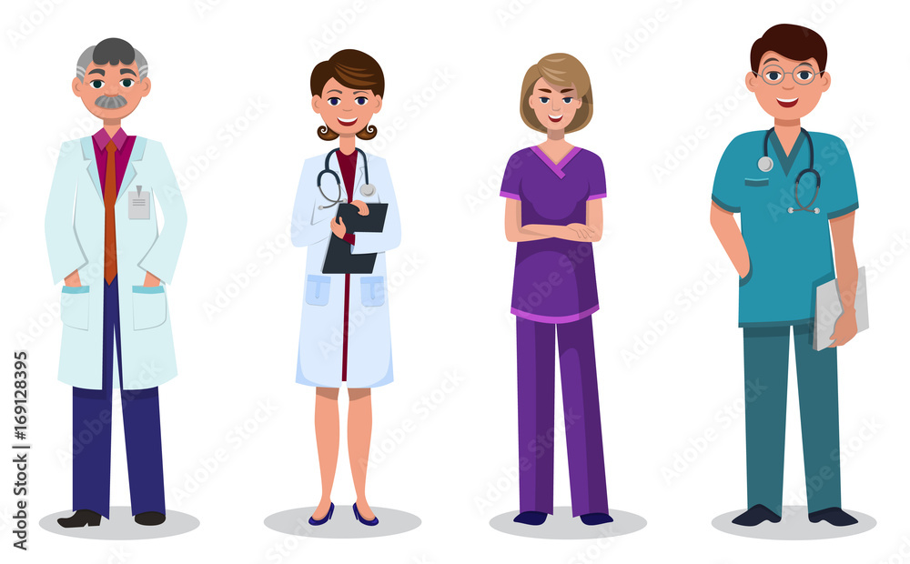 Team of doctors and nurses on white background, male and female in different uniform