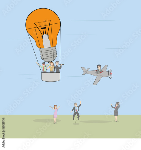 Sketch of working little people with flying lamp idea. Doodle cute miniature scene of creative workers. Hand drawn cartoon vector illustration for business design and infographic.
