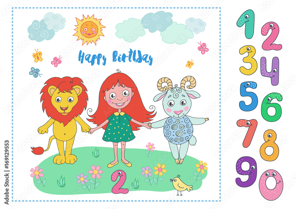 Cute lion, girl and sheep