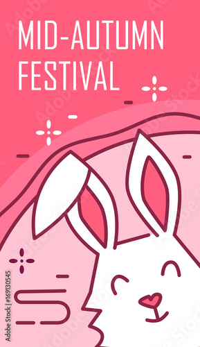 Happy Mid-Autumn Festival. Greeting card with rabbit. Thin line flat design. Vector banner.