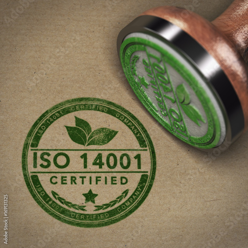 Certified Company Label, 3D illustration of a rubber stamp with the text ISO 14001 over brown cardboard background photo