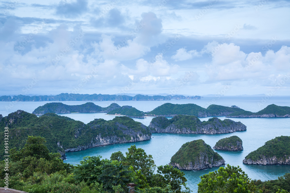 view over the  beautiful limestone rocks of Lan Ha bay from Cat  Ba island, the southern edge of Ha Long bay, Vietnam