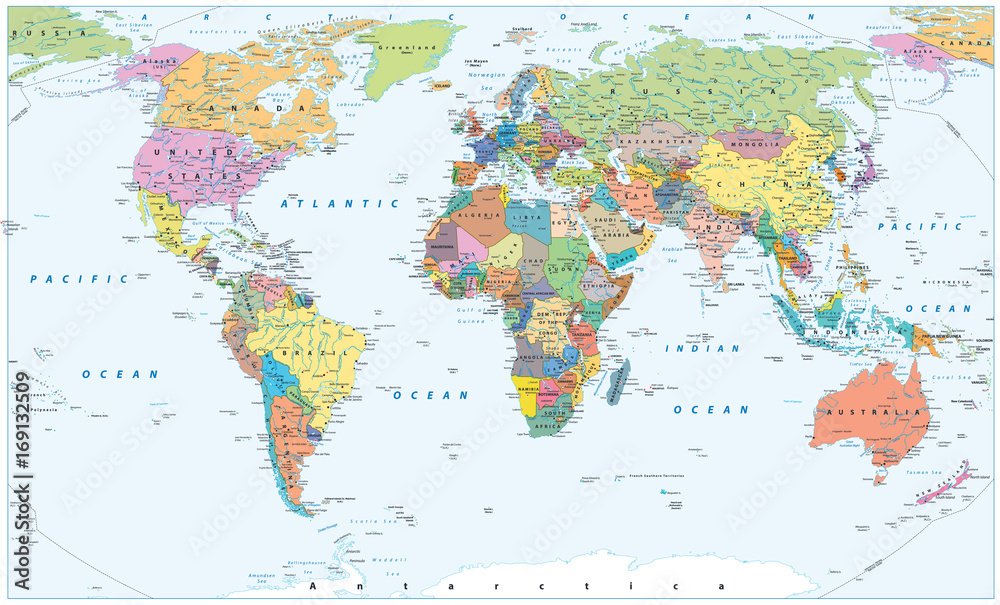 Political World Map - borders, countries and cities