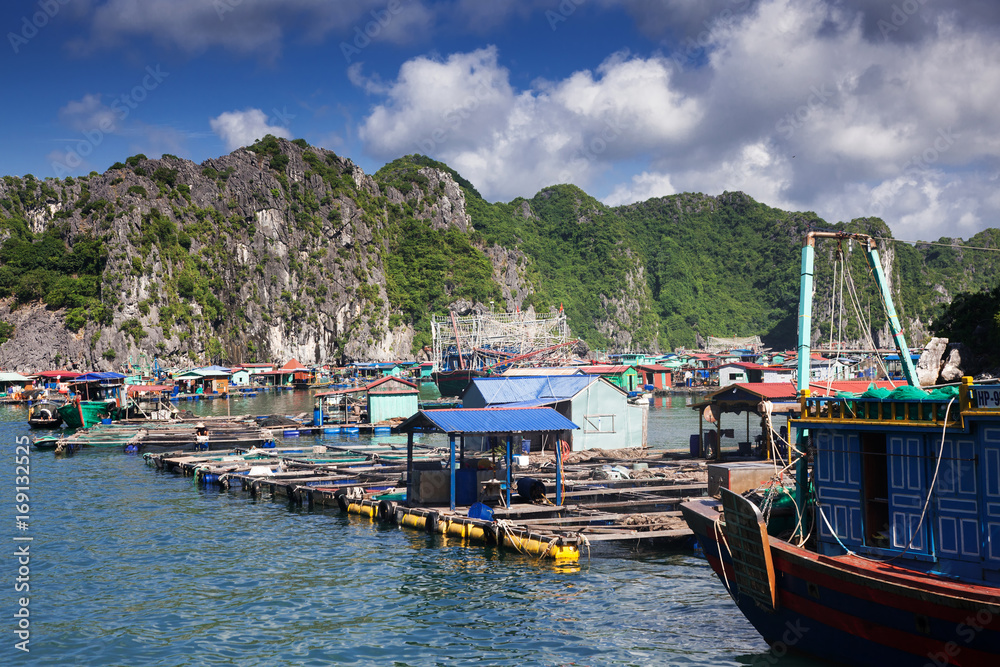 traditional vietnamese boats and floating village among beautiful limestone rocks of Lan Ha bay, the southern edge of Ha Long bay, Vietnam