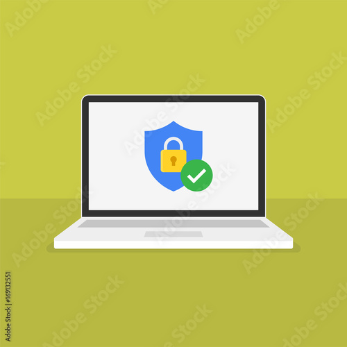 Web security modern flat vector illustration. Shield with padlock icon on computer screen.