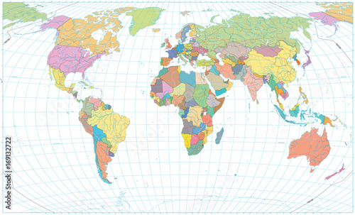 Fototapeta Naklejka Na Ścianę i Meble -  Colored World Map - borders, roads, rivers and lakes. No text. Isolated on white