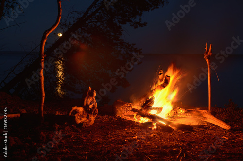 Big night bonfire at the shore of the river in a forest glade, flames, lune une piste