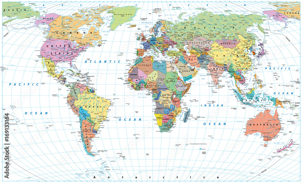 Fototapeta premium Kolorowa mapa świata - granice, kraje, drogi i miasta. Na białym tle