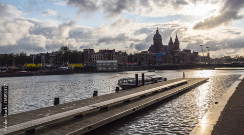 Silhouette of Amsterdam City Center - view from inner harbor