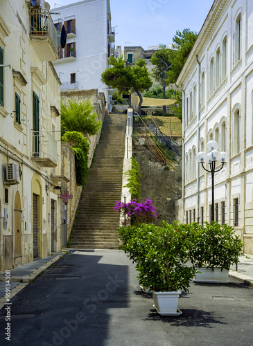 Apulia, Vieste old town, south Italy.Typical italian medieval narrow street. © peuceta