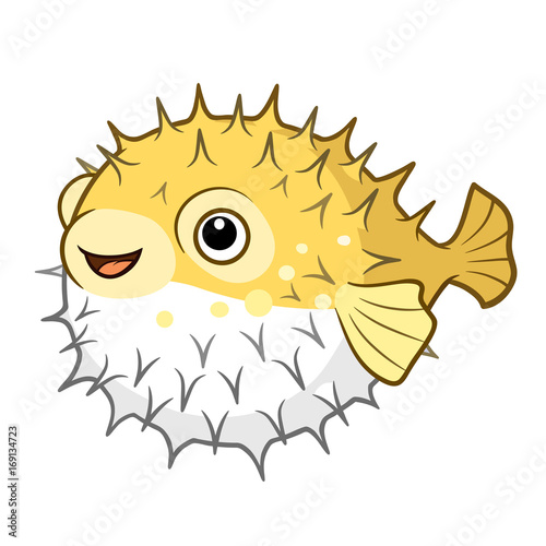 Vector cartoon illustration of a cute happy smiling yellow spiky puffer fish character isolated on white