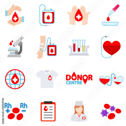 Blood donation icon set. Voluntary blood donation. The procedure for delivery and blood analysis