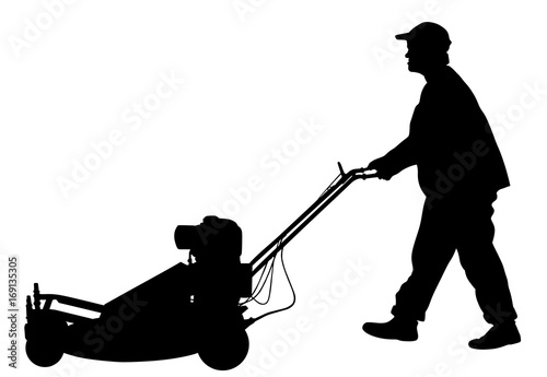 Gardener man mowing lawn mower vector silhouette illustration. Grass trimmer cutting. Professional garden worker.