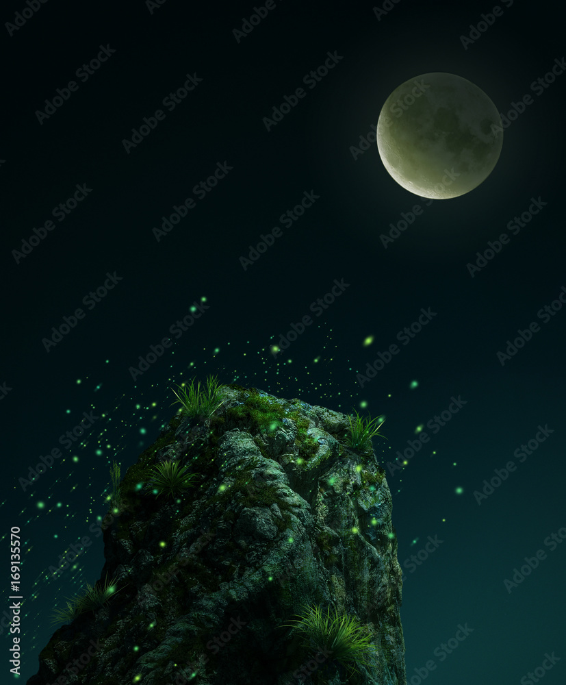 Fantasy stone in the mooon light.  3D rendering