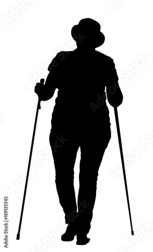 Nordic walking vector silhouette illustration isolated on white background. Senior person hiking outdoor in park. Old lady walking with sticks. Woman walking nordic style with sticks.