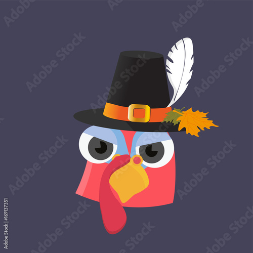 Vector Cartoon illustration for Thanksgiving day: bizarre and cute turkey bird mascot face with pilgrim hat, known as traveller's hat on. Thanksgiving dinner turkey character.