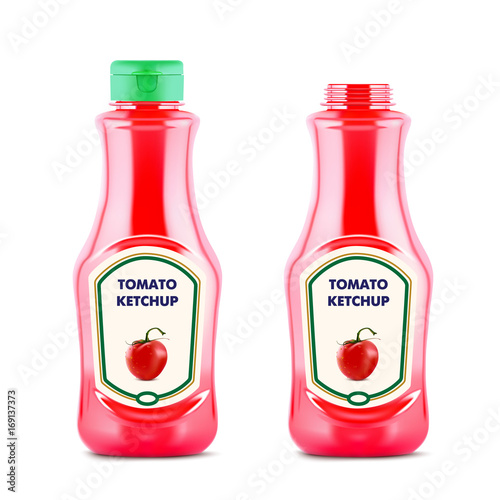 Ketchup bottle with fresh tomatoe isolated on white background, realistic vector illustration.