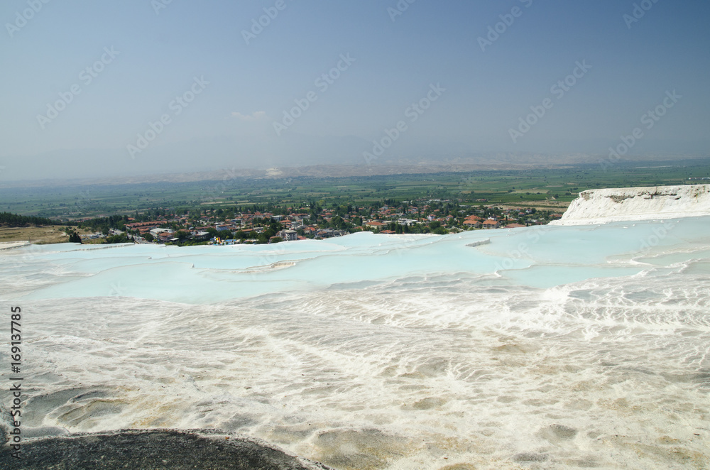Blue lakes of Pamukkale, hills and mountains
