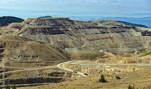 View from the American Eagles Overlook near Victor, Colorado, U.S.A. of the Cripple Creek mining district open cast gold mine