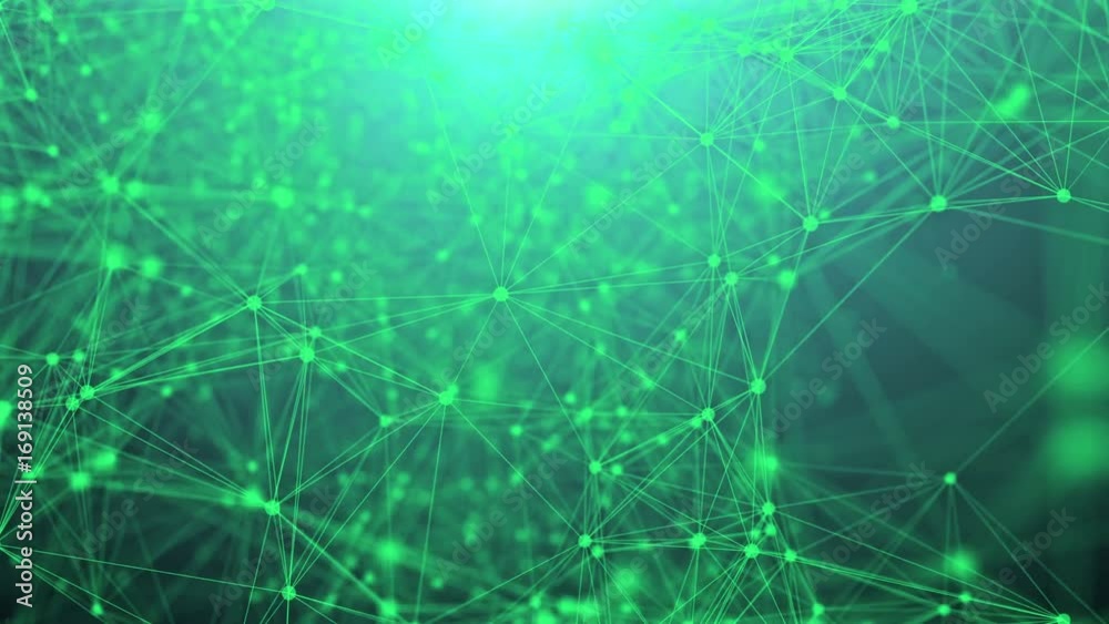 Flying through Plexus fantasy abstract technology network with a green background. Seamless loop.