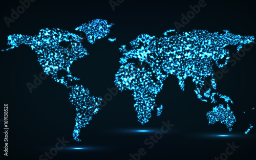 Abstract world map of glowing particles. Vector