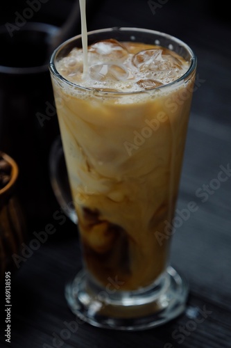 Ice coffee with milk for breakfast view