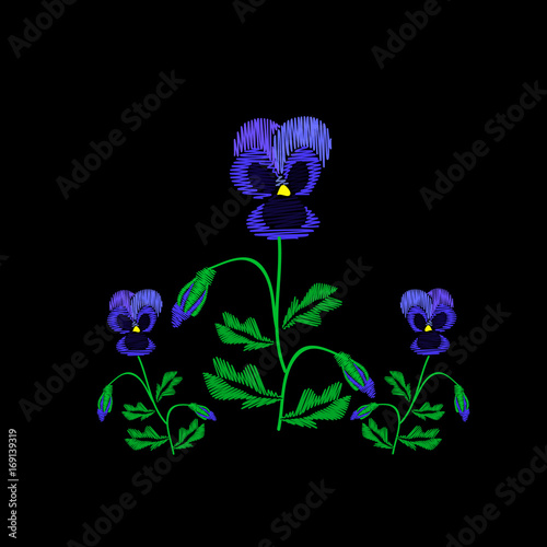 Embroidery of jeans. Smooth. Blue flowers Pansies with buds. Flower pattern. Traditional folk ornament. Vector illustration on a black background