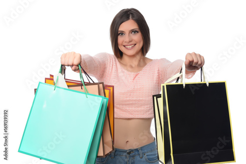shopping, sale, gifts, concept - smiling woman with colorful shopping bags