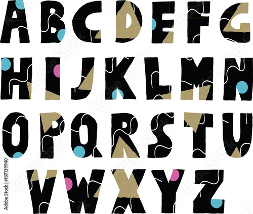 Black font with bright geometric pattern