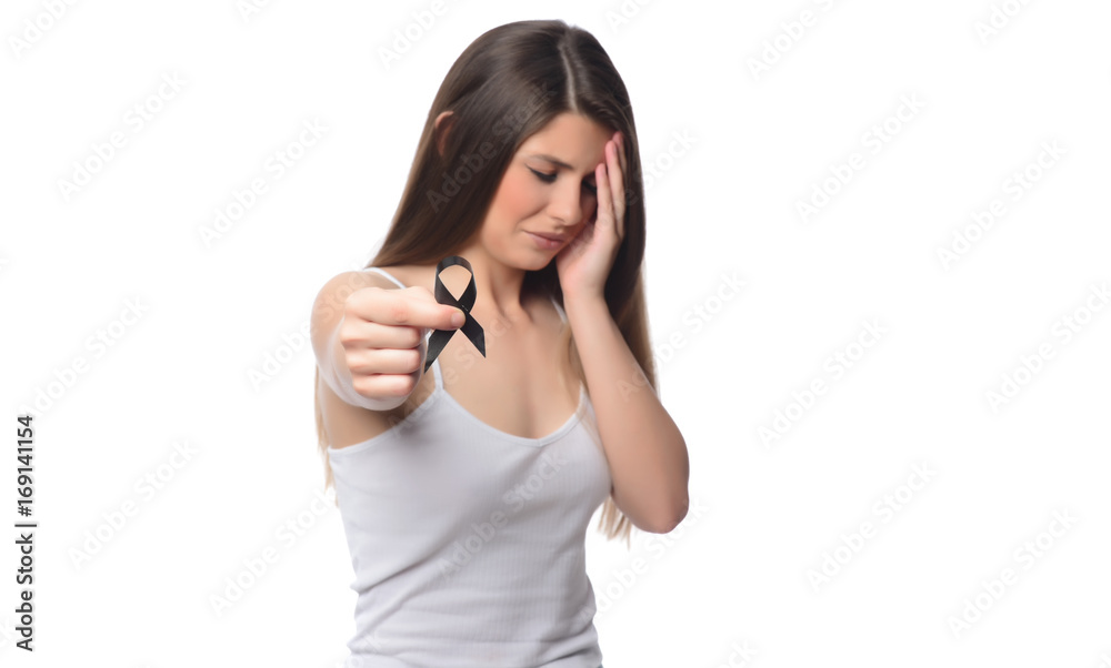 beautiful woman holding black ribbon on white background mourning awareness sign beautiful woman holding black ribbon on white background mourning awareness sign