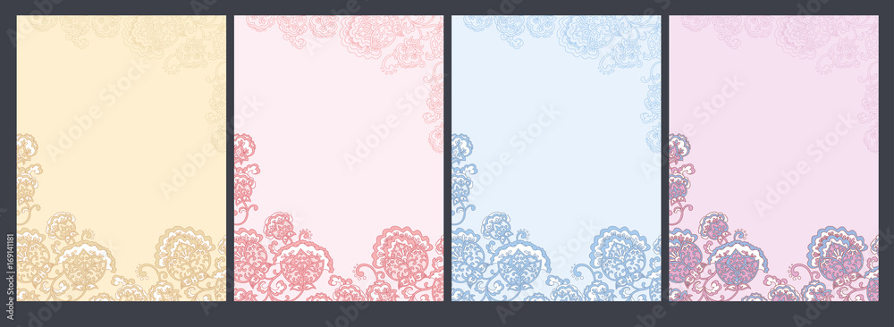 Set of vertical backgrounds decorated with floral pattern. Flyers with ethnic flower ornament in classical style. Greeting or invitation card template. Stock vector illustration.
