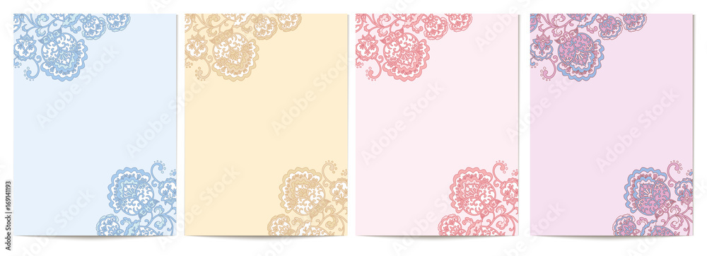 Set of vertical backgrounds decorated with floral pattern. Flyers with ethnic flower ornament in vintage style. Greeting or invitation card template. Stock vector illustration.
