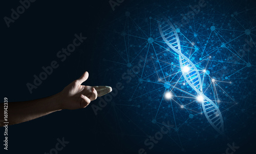 Science medicine and technology concepts as DNA molecule on dark background with connection lines