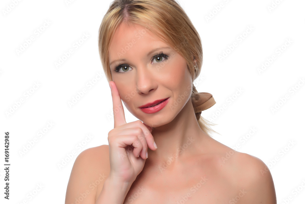 A young attractive blonde with a gloomy look posing. isolated A young attractive blonde with a gloomy look posing. isolated