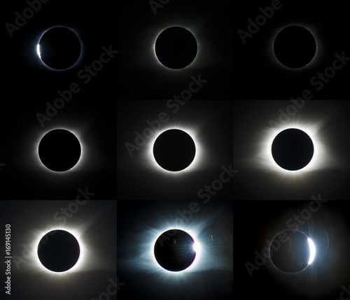 Solar eclipse sequence of events stages sun moon overlap light shadow scientific data background