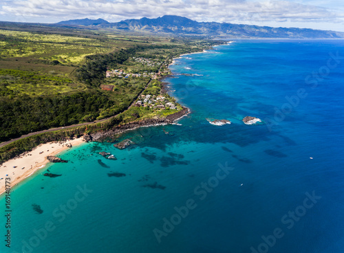 Aerial view of Waimea bay and the north shore of Oahu Hawaii near Haleiwa photo