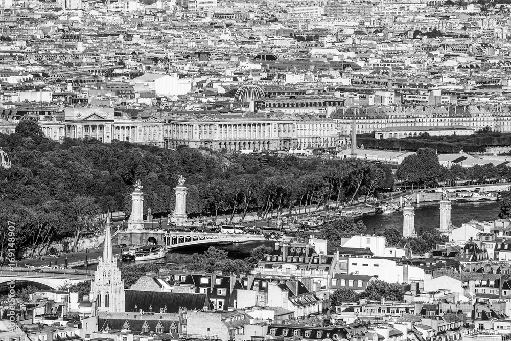 Aerial view over Alexandre III Bridge and River Seine in Paris Aerial view over Alexandre III Bridge and River Seine in Paris