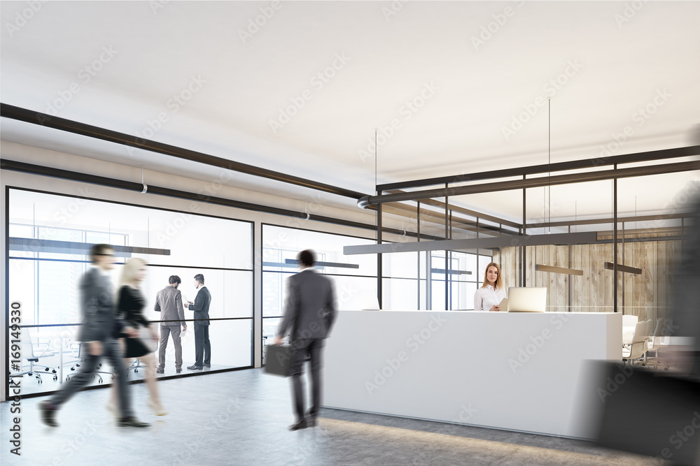 Fototapeta premium Wooden and glass office, a white reception, side