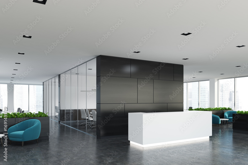 Black wooden office, white reception, side Black wooden office, white reception, side