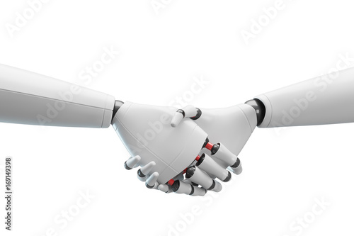 Two white robots shaking hands, white