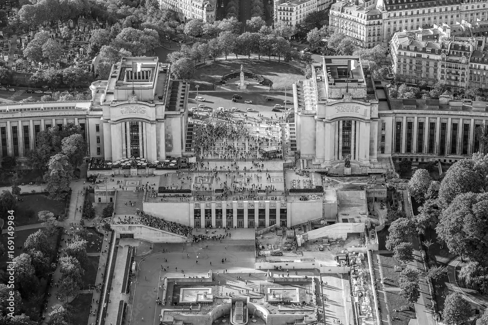 Aerial view over Trocadero and Trocadero Garden in Paris