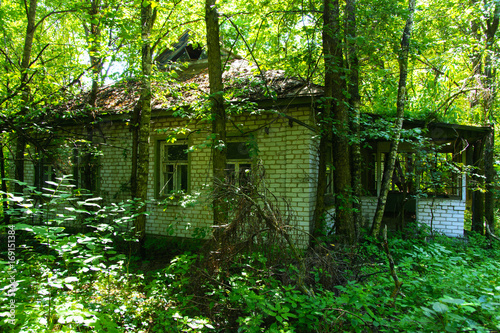 Destroyed houses in which people lived in a dead radioactive zone. Consequences of the Chernobyl nuclear disaster and vandalism  August 2017.