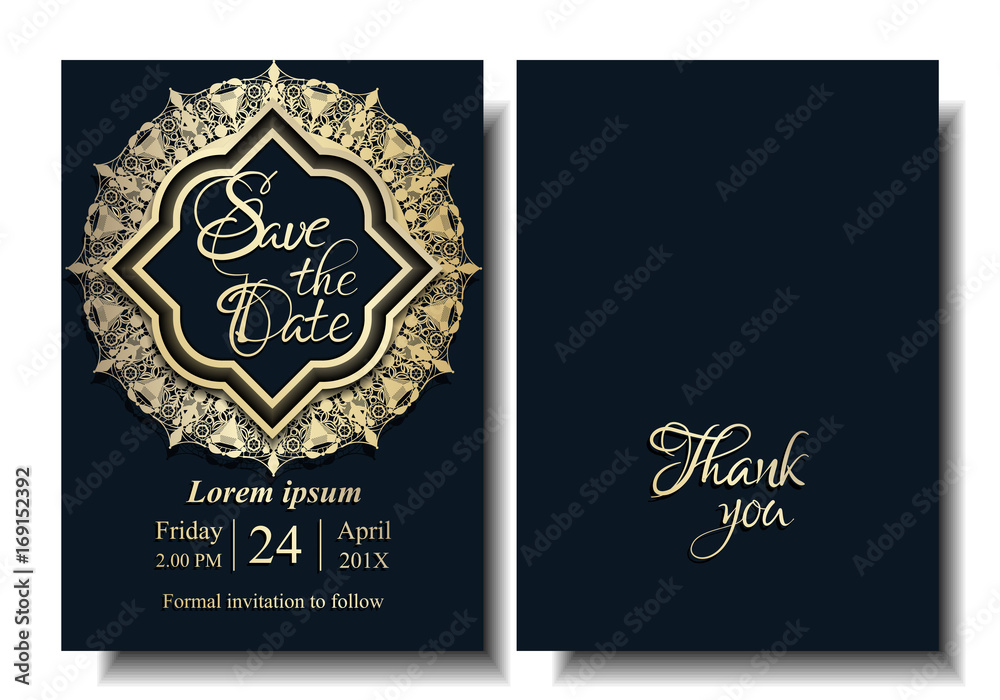 Luxury Arab Wedding Invitation Card. Golden Lace and Blank Space for your Text with Dark Blue Background. Front and Back Template. Islam Style. Vector/Illustration